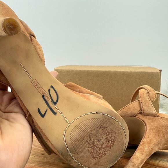 Vince Camuto Tan Suede Platform 8.5M Stiletto Heels Knotted Ankle Strap Sandals - Picture 15 of 16